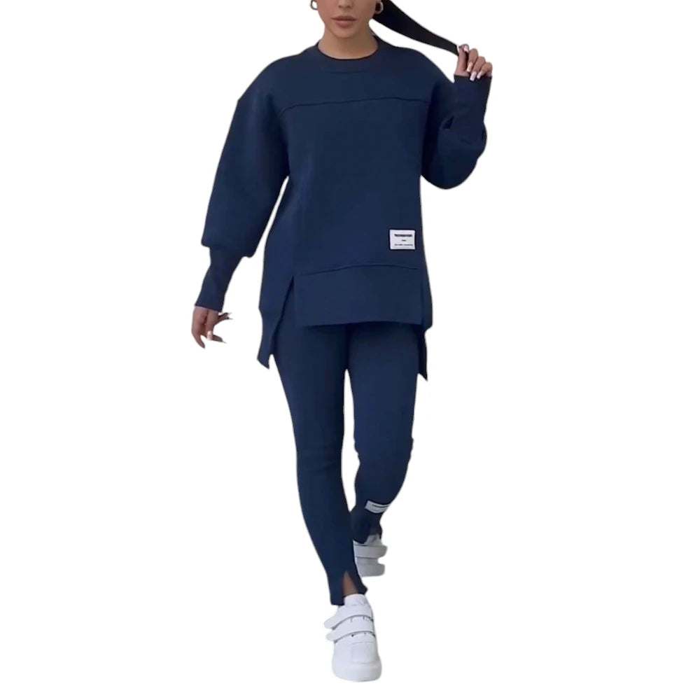 Women Two Piece Set Irregular Sweatshirt Long Sleeved Pullover Top Trouser Pants Set Autumn Winter Lady Solid Loose Outfits M L