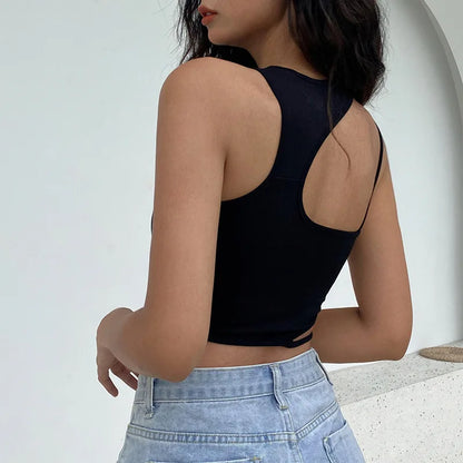 Women Hollow Out Black Y2K Tees Sleeveless Skinny Tops Cool Punk T-shirts Techwear 2023 Spring Summer New Sexy Crop Top