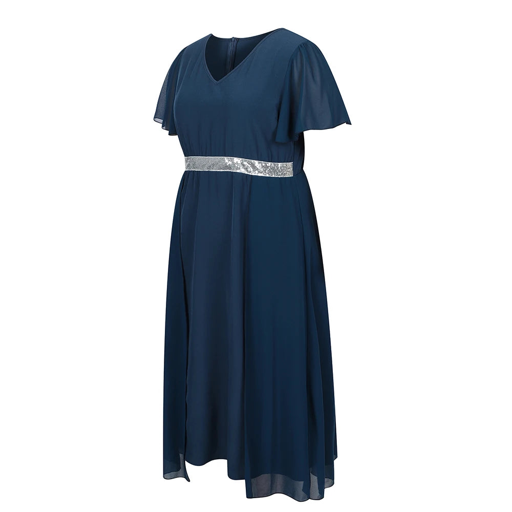 Plus Size Womens Elegant Butterfly Sleeve Sequin V-Neck Midi Dress Ladies Party Cocktail Evening Banquet Ball Gown Size 0XL-5XL