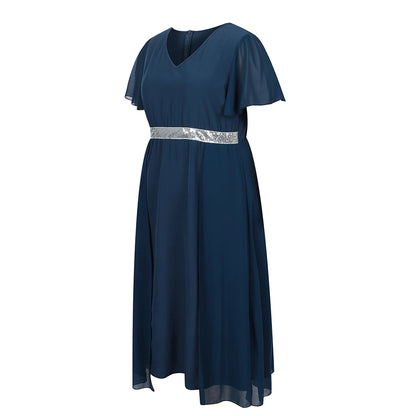 Plus Size Womens Elegant Butterfly Sleeve Sequin V-Neck Midi Dress Ladies Party Cocktail Evening Banquet Ball Gown Size 0XL-5XL