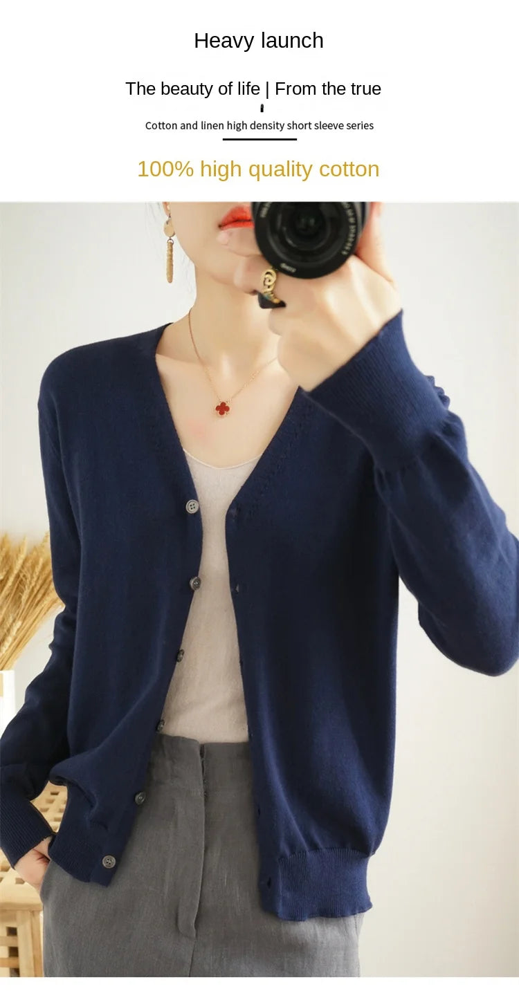 100% Cotton Line Long Sleeve V-Neck Knitted Cardigan Women Loose Short Solid Color Simple Sun Protection SMY K61