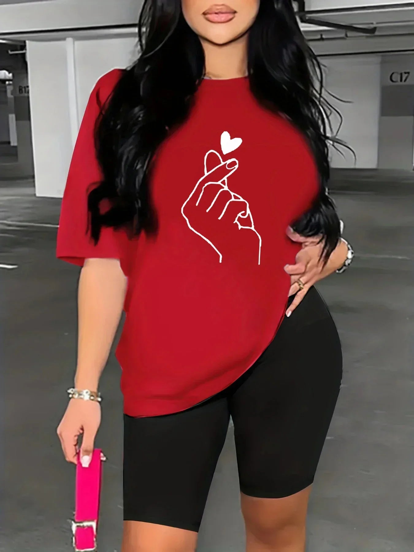 Summer women's hand heart gesture print casual loose round neck short sleeved T-shirt shorts two-piece set Badiee Stylez