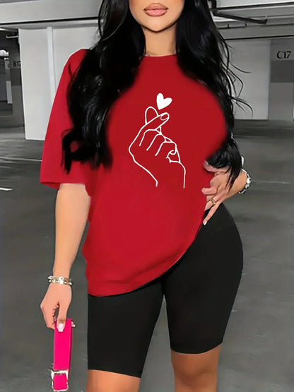 Summer women's hand heart gesture print casual loose round neck short sleeved T-shirt shorts two-piece set Badiee Stylez