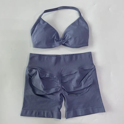 NO LOGO 2PCS Gym Set Women Strappy Yoga Bra Top High Waist Workout Scrunch Shorts Sports Suit Seamless Yoga Set Fitness Clothes Badiee Stylez