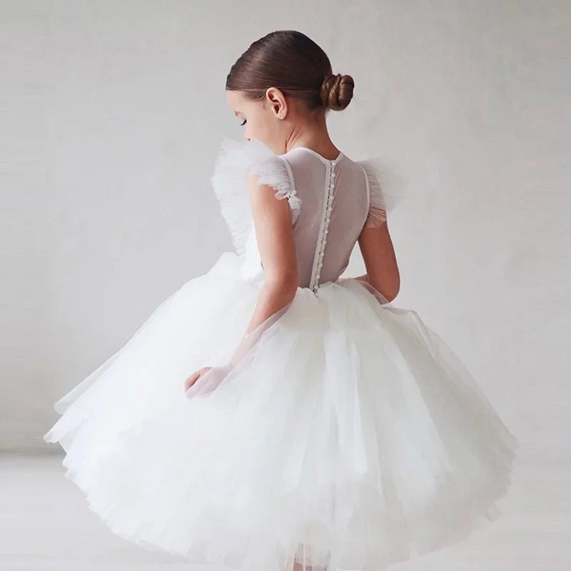 Elegant Girl Fluffy Dress Flower Baby Wedding Ceremony Costume Birthday Outfits White 1st Communion Tutu Gown Kids Gala Clothes White