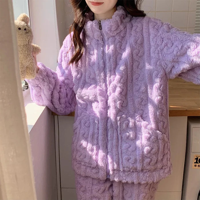 Large Size Flannel Pajamas Set Autumn Winter Female Sleepwear Trouser Suit Thicken Coral Fleece High Collar Lounge Wear Homewear Purple Pajamas Set