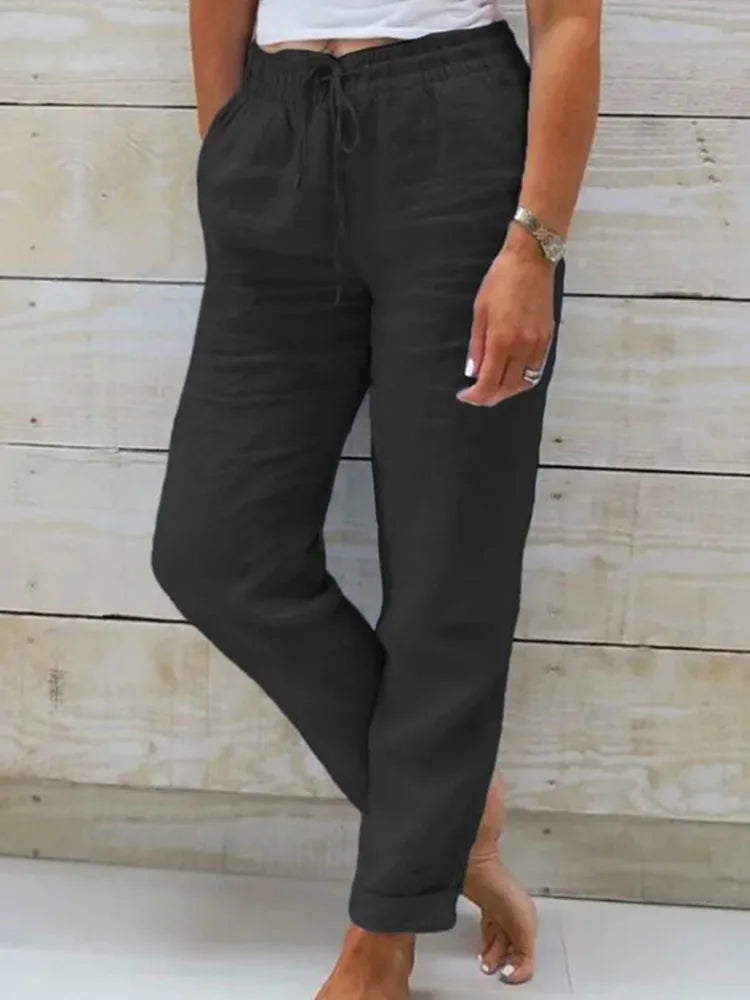 Plus Size XL-5XL Summer Cotton Linen Pants Women 2025 Elastic High Waist Casual Trousers Streetwear Solid Loose Pencil Pants black