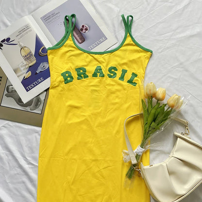 2024 Suspender Dress Women Beach Casual Short Dress Yellow Brasil Printed Long T Shirt Loose U Neck Sexy Summer Sling Mini Robe