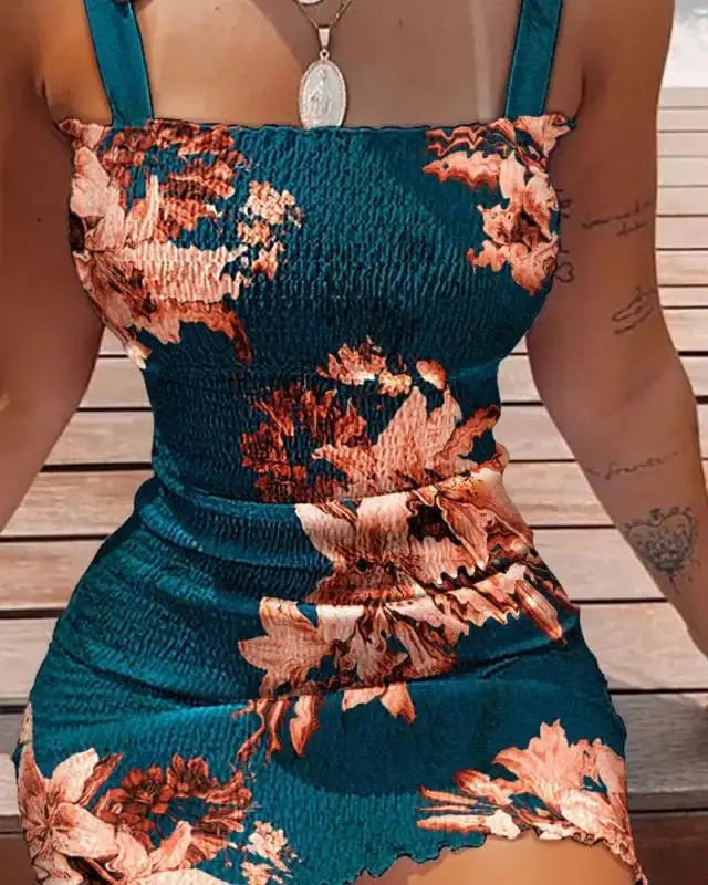 Women Elastic Waist Pleated Dress Summer Sleeveless Off The Shoulder Floral Print Bodycon Party Dresses SZE-1930