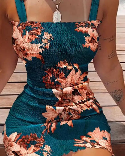 Women Elastic Waist Pleated Dress Summer Sleeveless Off The Shoulder Floral Print Bodycon Party Dresses SZE-1930