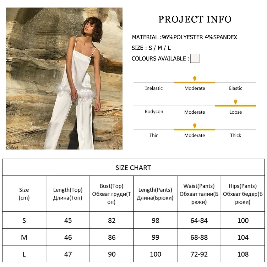 Satin Pajamas With Feathers Sleepwear Women Sets With Pants Black Spaghetti Strap Home Suit White Trouser Suits 2022