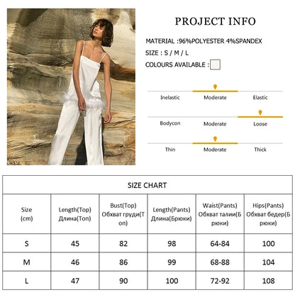 Satin Pajamas With Feathers Sleepwear Women Sets With Pants Black Spaghetti Strap Home Suit White Trouser Suits 2022