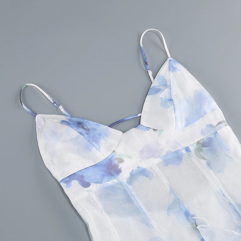 Summer New 2024 Women Sexy V Neck Backless Flower Chiffon Maxi Gowns Dress Split Celebrity Cut Out Beach Maxi Dress