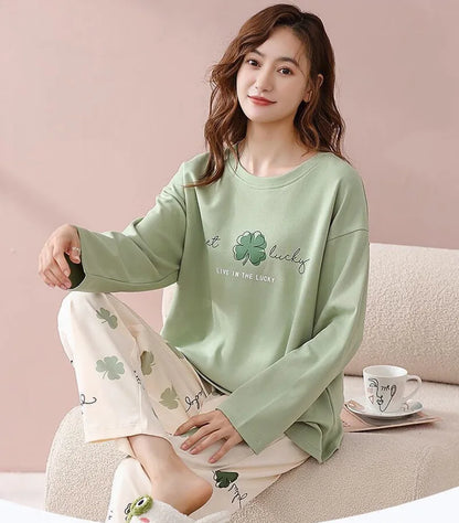 Women's Pajamas Two-Piece Casual Cute Comfortable Sleepwear Homewear Set Tops and Trousers Nightwear Lounge Wear Autumn Winter
