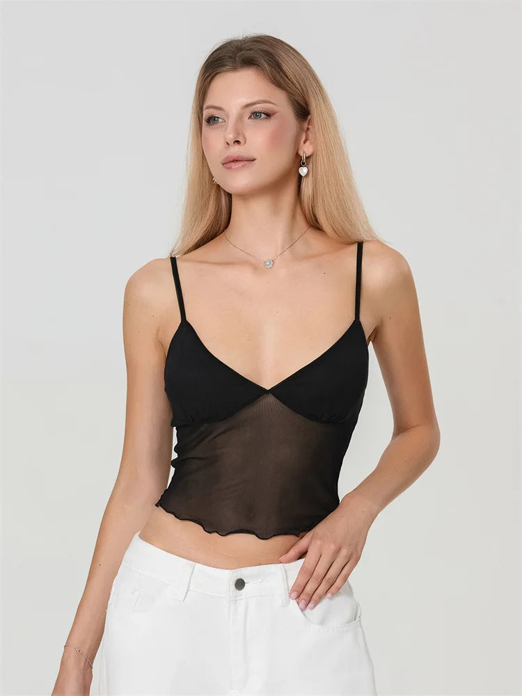 Women Camisole Tops Spaghetti Straps Tulle Patchwork Slim Fit Tank Tops Party Club Sexy Vinateg Corset Cropped Top Summer