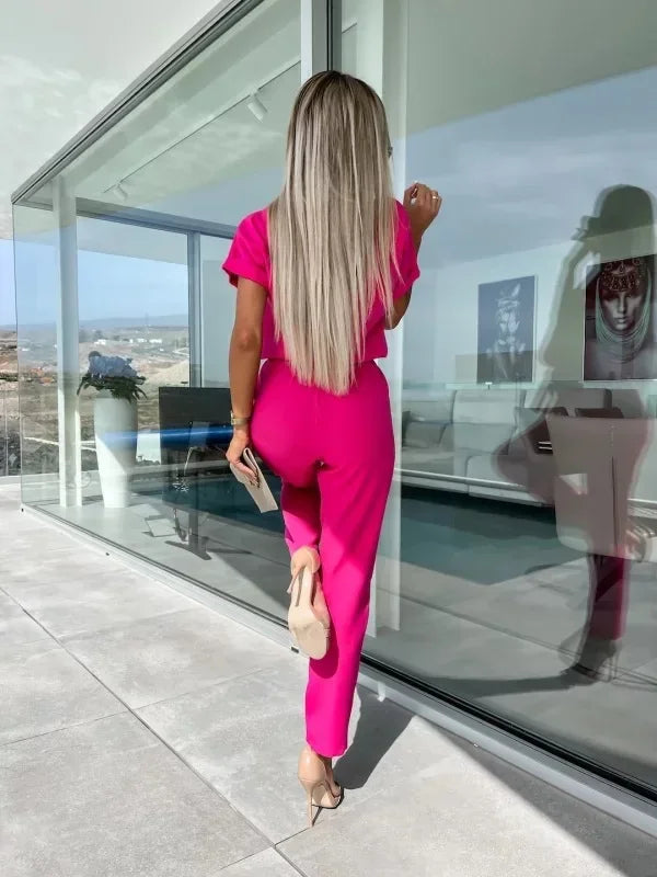 Jumpsuit Women 2023 Solid Color Short Sleeve V-neck Pocket Lace-up Pencil Long Pants Jumpsuits Summer Outfits Bodysuits Badiee Stylez