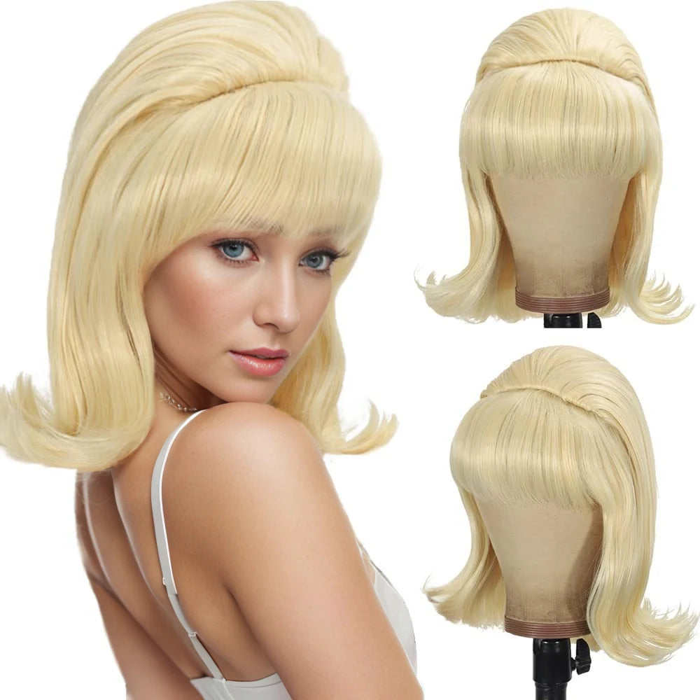Synthetic A 14-inch black vintage period women's short straight wig with flat bangs is perfect for everyday holiday parties Light yellow 14inches 1pc