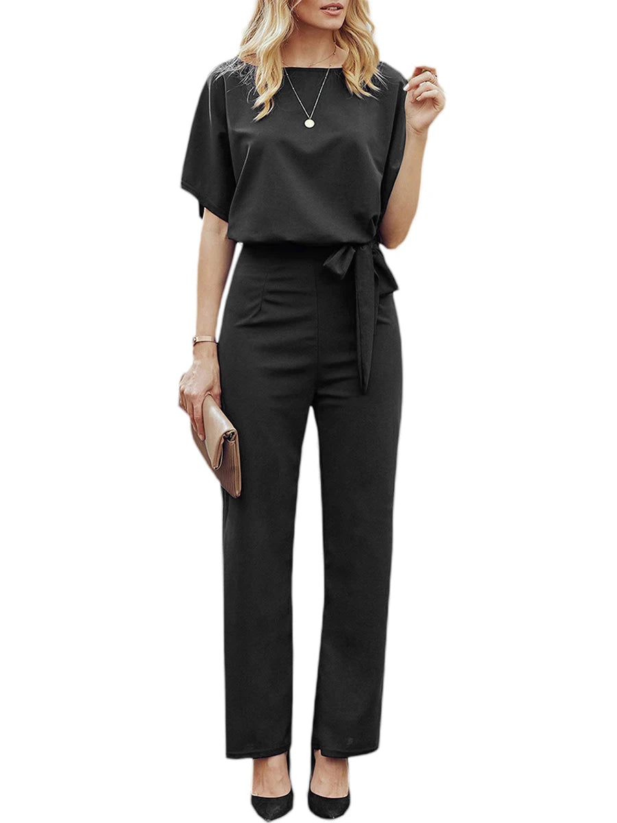 Women's clothing summer 2024 Jumpsuit, Elegant Short Sleeve Hollowed Waist Tie Solid Summer Wide Leg Pants Badiee Stylez