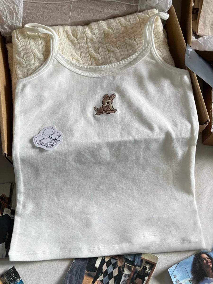 Cute Animal Embroidery Tank Tops Women Summer Lace Trim Cotton Sleeveless Camisole Vests Solid Vintage Sweet Slim Crop Top Y2k Deer-lace trim One Size