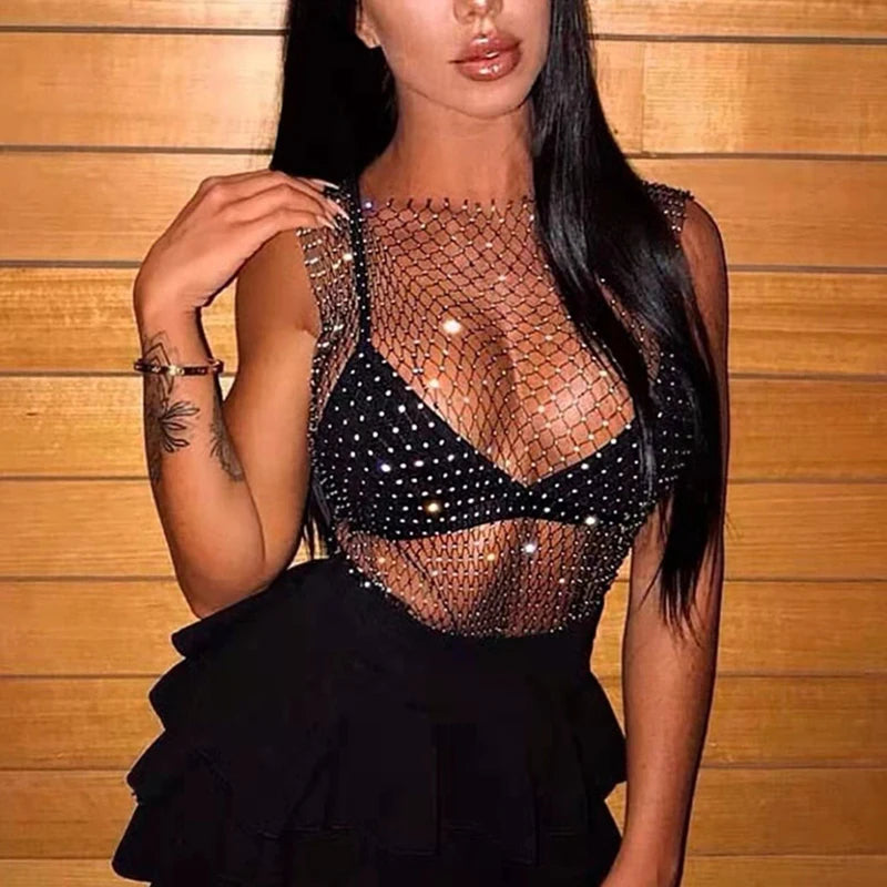Sexy Diamonds Mesh Cropped Tank Top Women Summer Cover Up Bikini See Through Rhinestone Net Party Club Crop Top Dropshipping