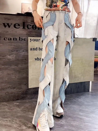 VGH Crisscross Hit Color Streetwear Denim Trousers For Women High Waist Patchwork Pockets Hollow Out Split Pants Female 2024