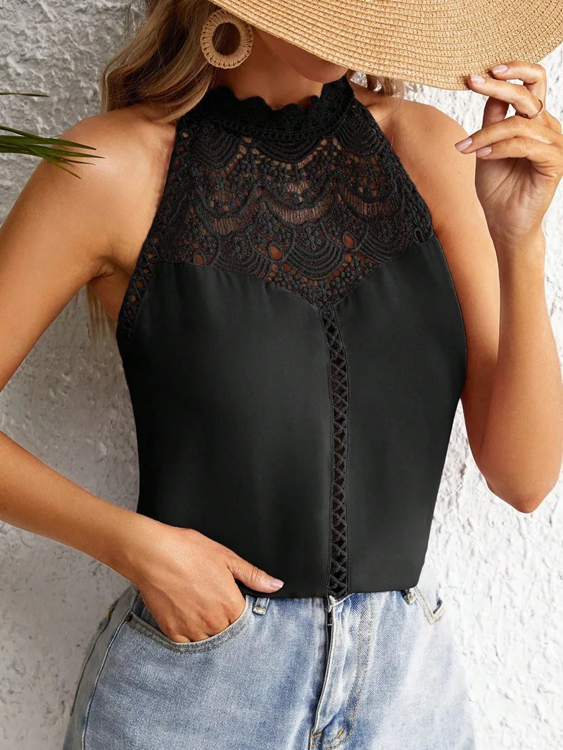 Elegant Sleeveless Women's Shirt 2024 Summer Fashion Hollow Lace Style Tank Top For Women Tops Bloues Camisas De Mulher AXR297 black