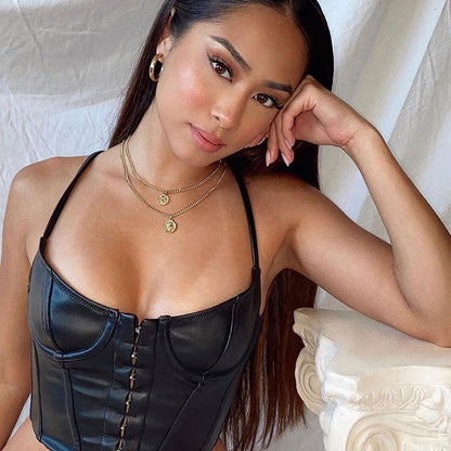 Women Corset Bustier Crop Top Lace-up Bandage Black Gothic Leather Underbust Suspender Cami Vest Waist BodyshaperTank Cummerbund