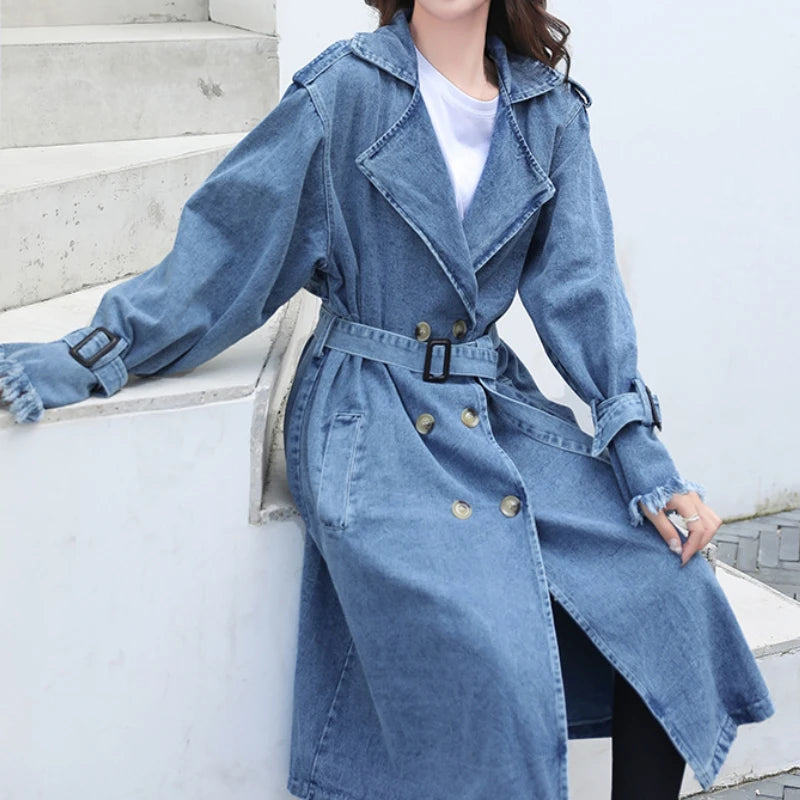 Trench Denim Coat Women Long Coats Lace Up Belt High Waist Turn Down Collar Maxi Jackets Y2k Single Breasted Elegant Autumn