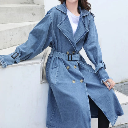 Trench Denim Coat Women Long Coats Lace Up Belt High Waist Turn Down Collar Maxi Jackets Y2k Single Breasted Elegant Autumn