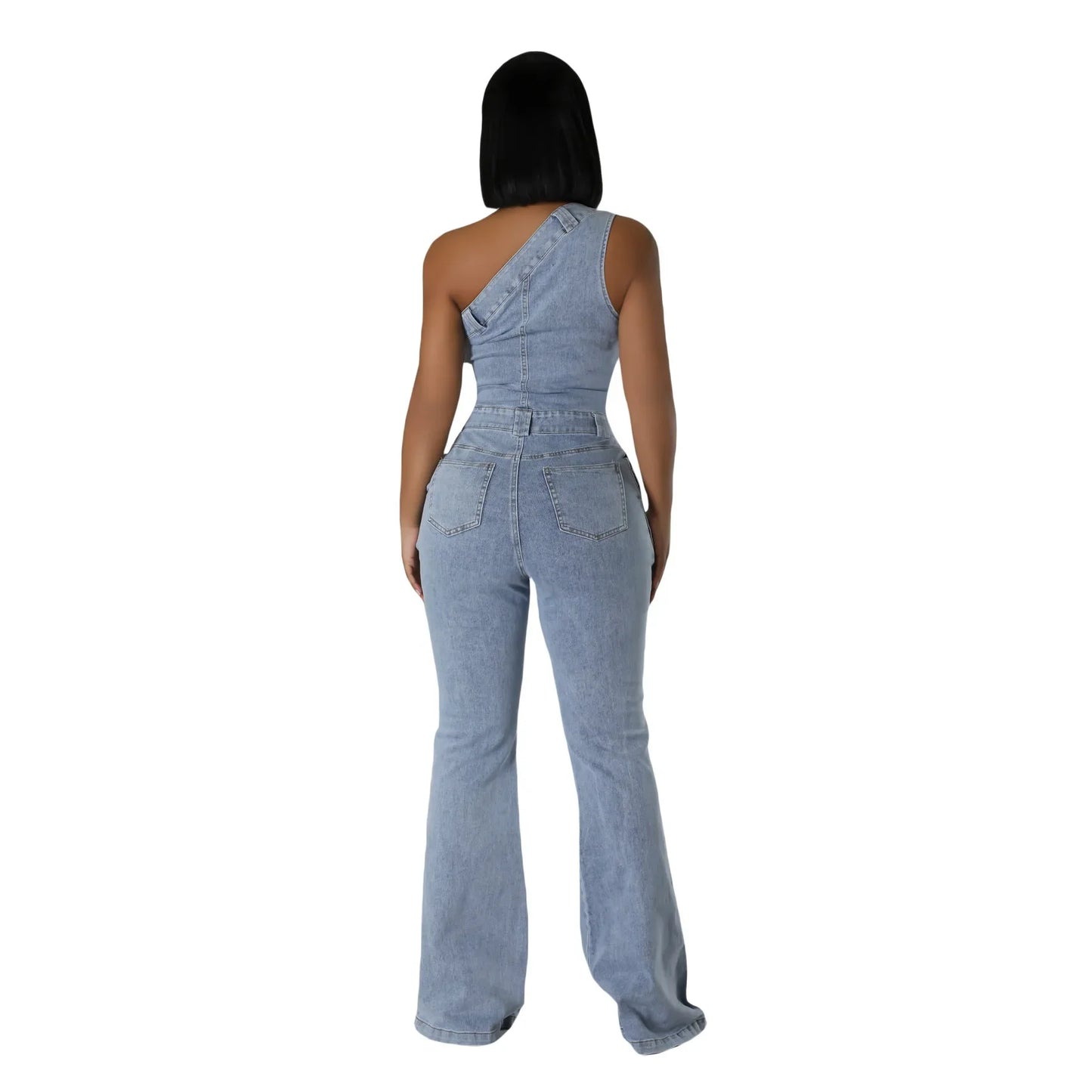 Flare Denim Pants Full Length Women Jeans One Piece Overalls Spliced Solid Jumpsuits Loose Pockets High Waist Basics Washed
