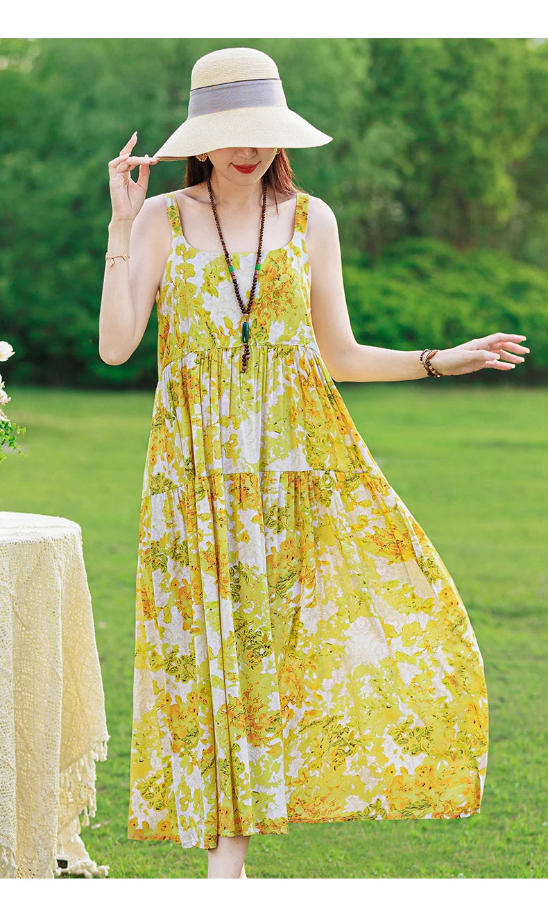 New Fashion Casual 2025 Summer Elegant Dresses For Women O-Neck Print Vintage Sleeveless Dress Loose Women Clothing