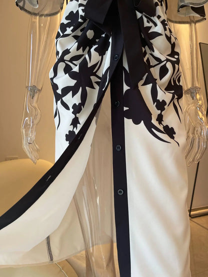 Women's elegant temperament V-neck A-line party dress 2025 new half sleeved printed lace up waist dress