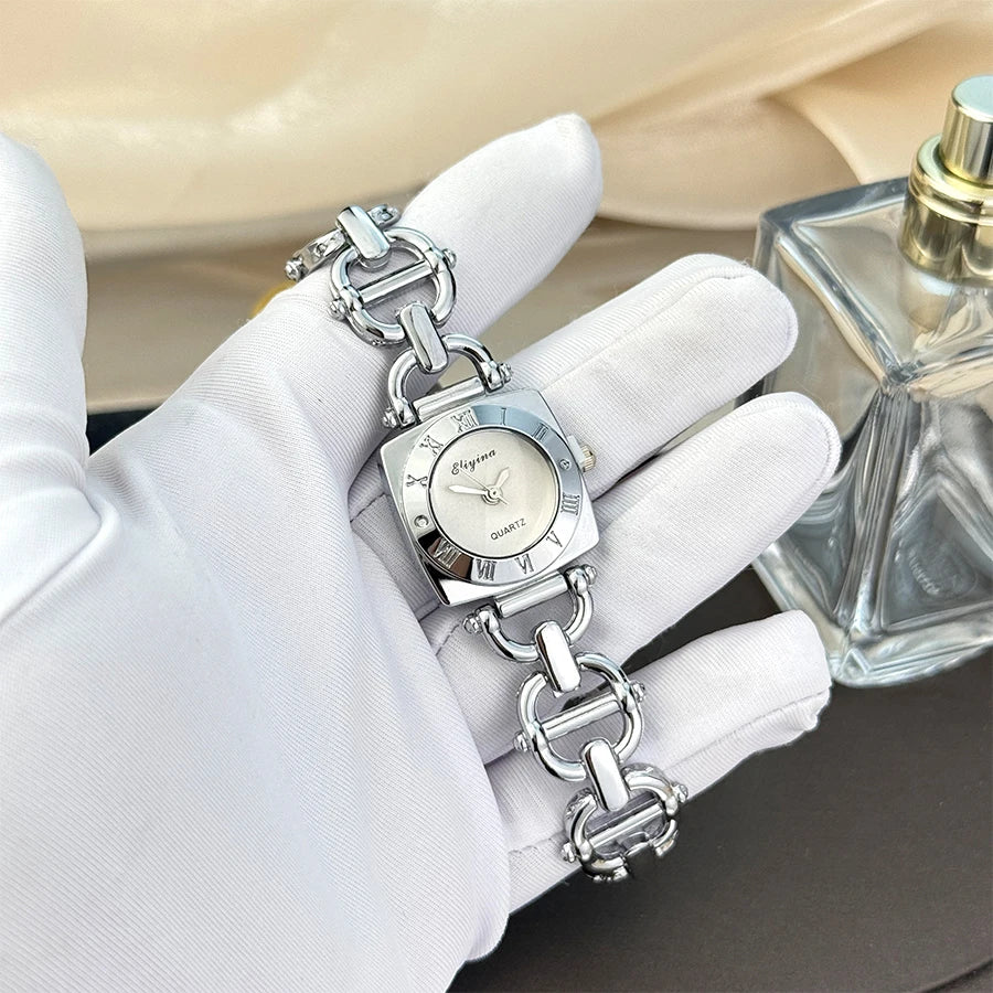 High-End Women's Skeleton Design Watch Square Roman Hour Markers Light Luxury Fashion Cross-Border Best-Seller Ladies Watch