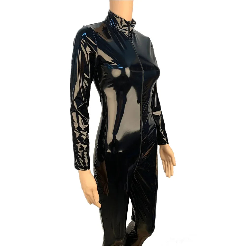 Women's Wet Look Shiny PU Faux Leather Jumpsuit Suit Long Sleeve Zipper Open Crotch Latex Bodysuit Clubwear Plus Size Badiee Stylez