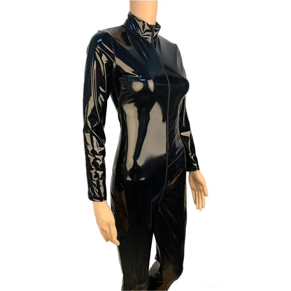 Women's Wet Look Shiny PU Faux Leather Jumpsuit Suit Long Sleeve Zipper Open Crotch Latex Bodysuit Clubwear Plus Size Badiee Stylez