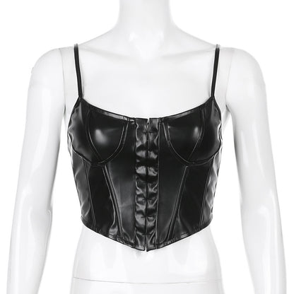Women Corset Bustier Crop Top Lace-up Bandage Black Gothic Leather Underbust Suspender Cami Vest Waist BodyshaperTank Cummerbund
