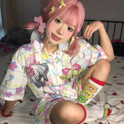 Sweet Soft Y2k Girl Fashion Anime Sleepwear Women's Summer New Cute Cartoon Thin Home Set Japanese Style Harajuku Kawaii Pajamas