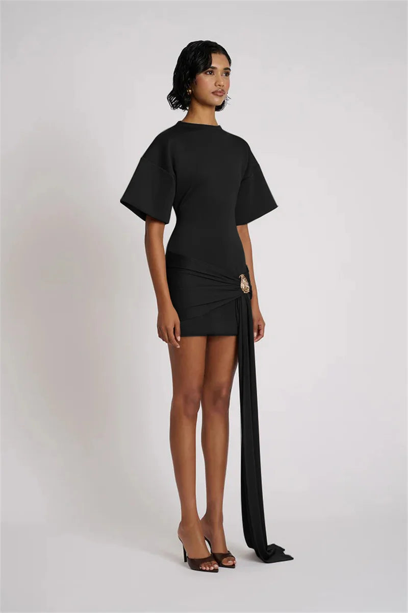 Mozision Fashion Short Sleeve Ruched Sexy Mini Dress Women Elegant Metal Decoration Solid O Neck High Waist Club Dresses New