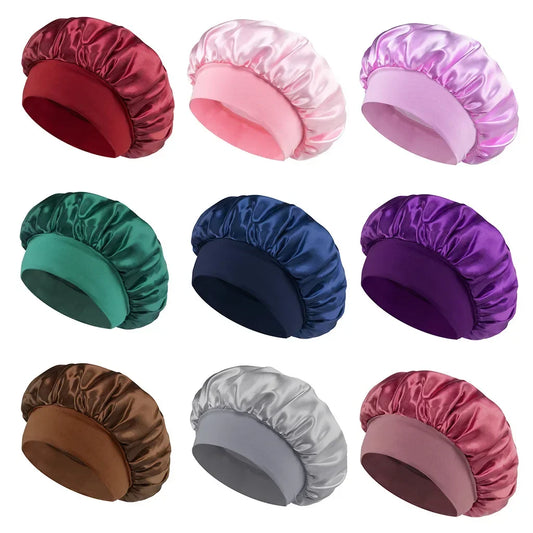 Women Satin Bonnet Hair Bonnet for Sleeping Hair Care Silk Bonnets Solid Wide-brimmed Sleeping Hat with Elastic Soft Band Badiee Stylez