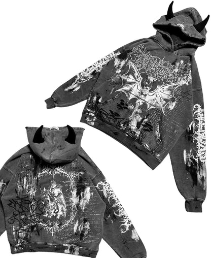 Overdxse Devil Horn Hoodie Gothic Street Clothing Oversized Pullover Unique Horn Design Avant-garde Fashion Limited Edition