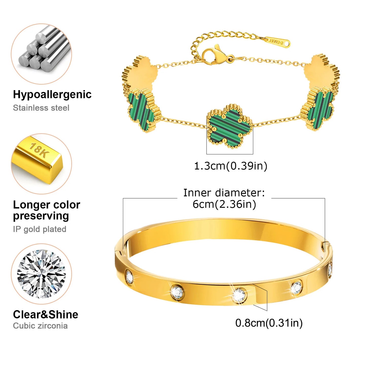 Vnox Exquisite 13mm Clover Bracelet Set for Women, Love Gift Bracelets for Wife Mothers Day Jewelry, Stainless Steel Cuff Bangle Badiee Stylez