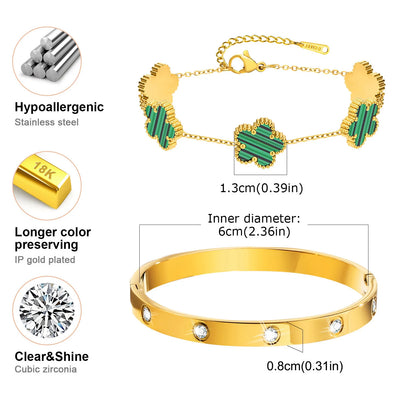 Vnox Exquisite 13mm Clover Bracelet Set for Women, Love Gift Bracelets for Wife Mothers Day Jewelry, Stainless Steel Cuff Bangle Badiee Stylez