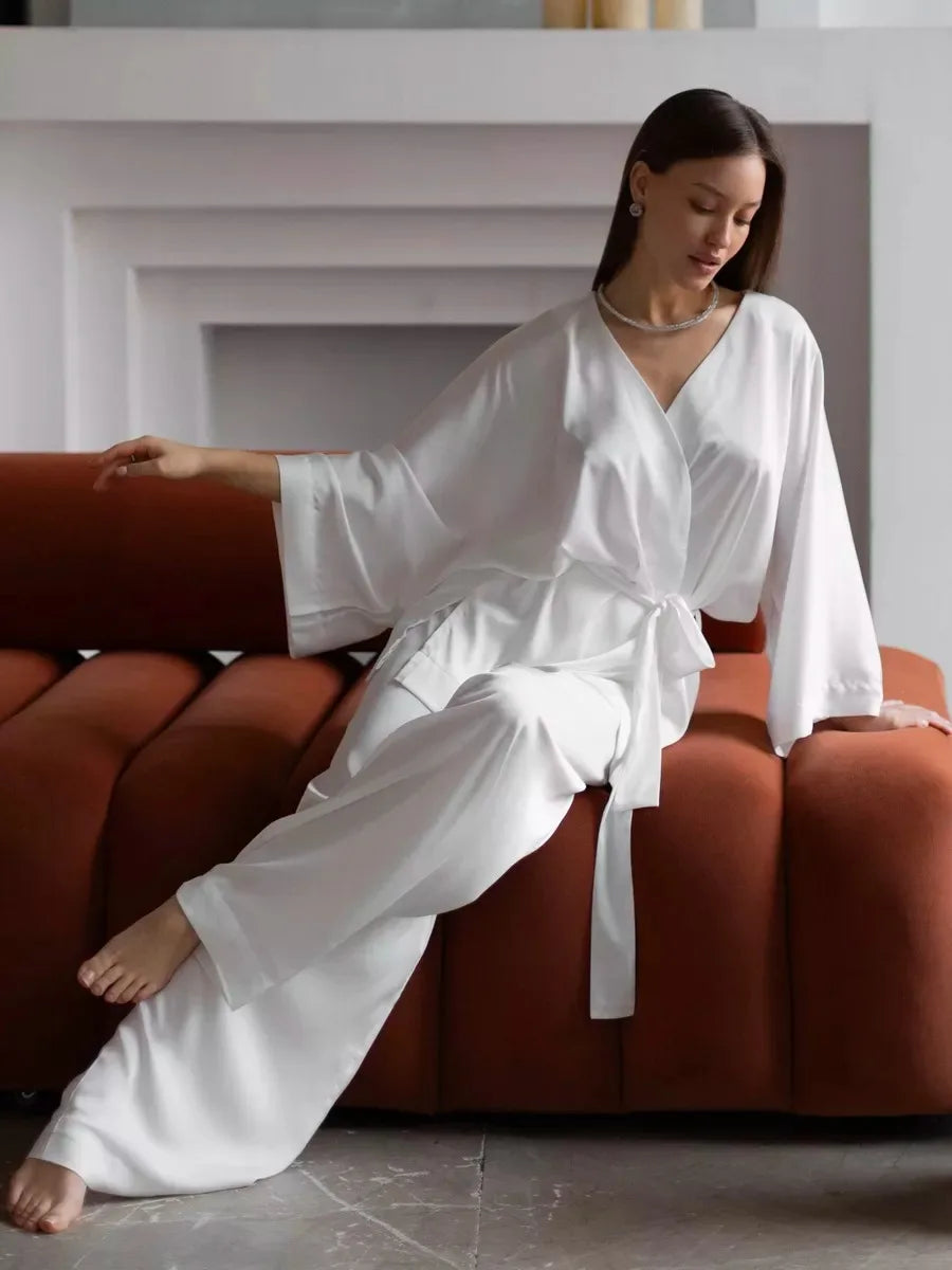 Mozuleva Solid Color Long Sleeved Pants Pajama 2-Piece Set Women's Autumn Winter Lace Up Nightgown Comfortable Home Clothing White