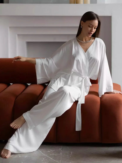 Mozuleva Solid Color Long Sleeved Pants Pajama 2-Piece Set Women's Autumn Winter Lace Up Nightgown Comfortable Home Clothing White