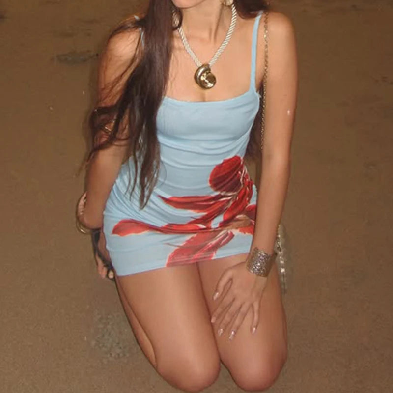 HEYounGIRL Boho Chic Spaghetti Strap Mini Dress Summer Y2K Floral Print Women Sexy Bodycon Dresses Beach Vacation Style Outfits