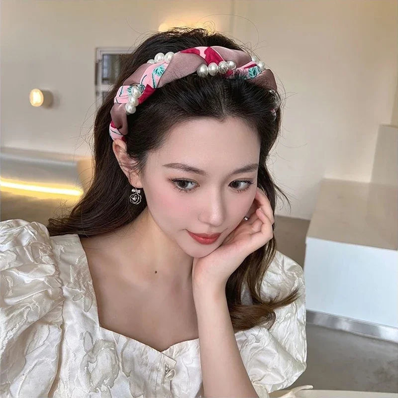 Women's Pearl Face Washband Anti-Slip Woven Headband High-End Feel Outing Hair Tie Pearl Hair Band Hair Accessories