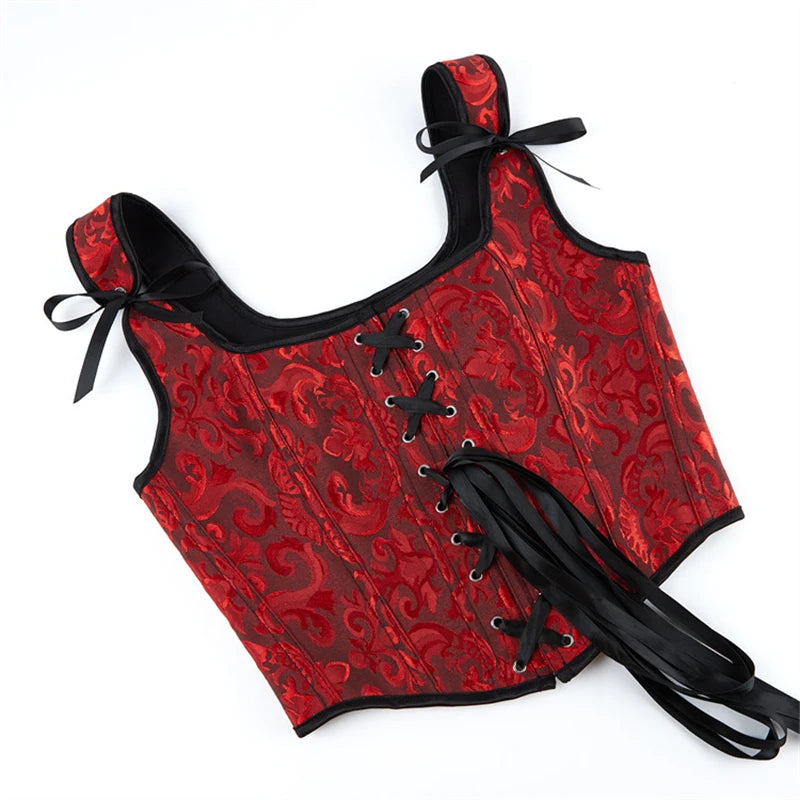 Blue Jacquard Corset Sexy Shoulder Straps Overbust Bustiers Crop Top Lace Up Brocade Vest Lingerie Gothic For Women Outfit