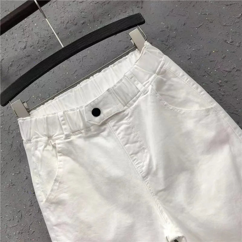 New Spring Summer Women Casual Harem Pants All-matched Casual Cotton Denim Pants Elastic Waist Solid Yellow White Jeans Female