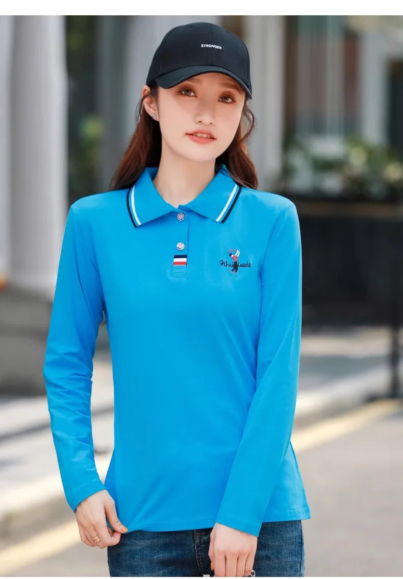 European Station Polo Neck Long sleeved T-shirt Women's Summer New High end Luxury Pure Cotton Loose Fashion Casual Large Top