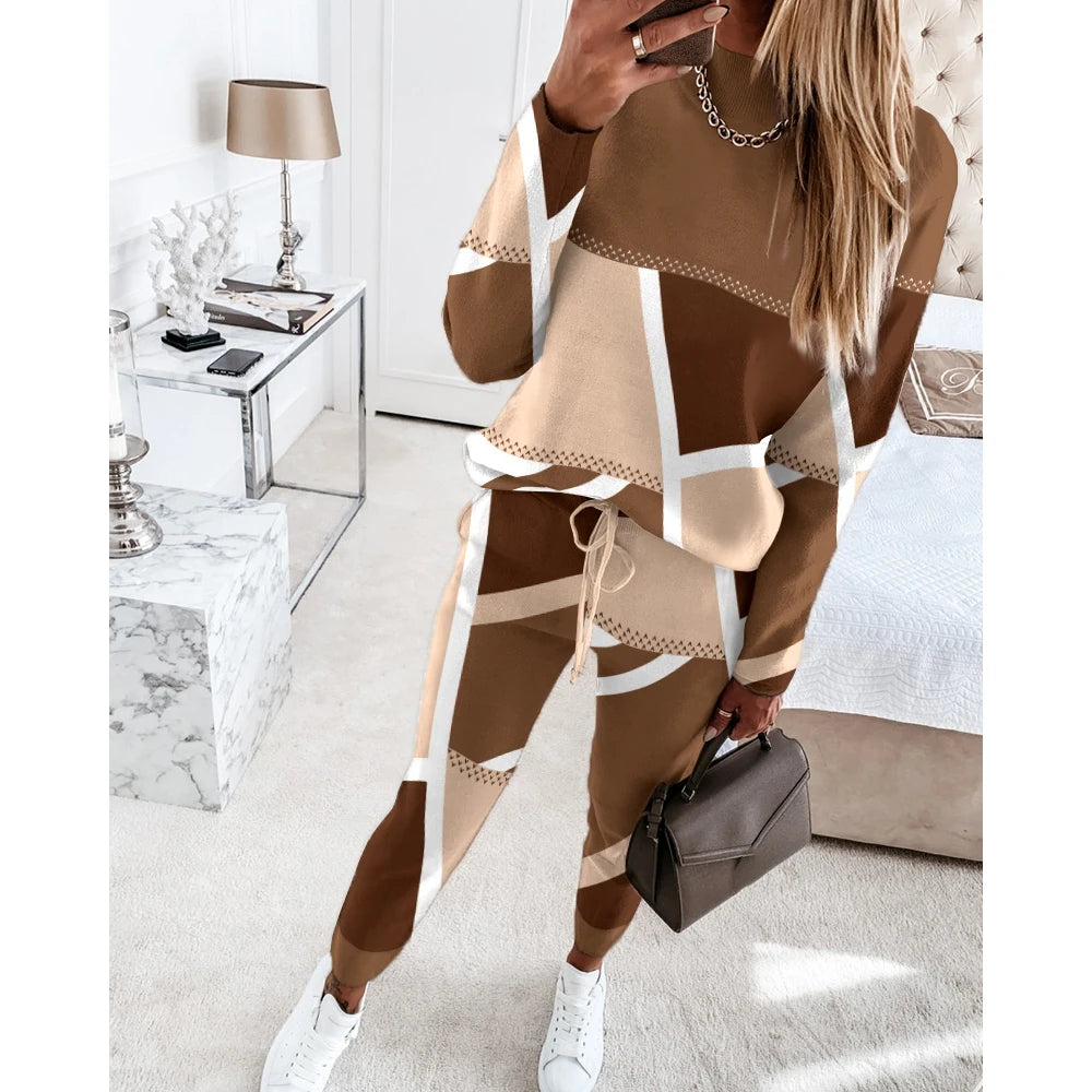 Women Casual Two Piece Sets Fashion Geometric Print O-Neck Long Sleeve Tops and Drawstring Pencil Pants Sets Office Lady Outfits Badiee Stylez